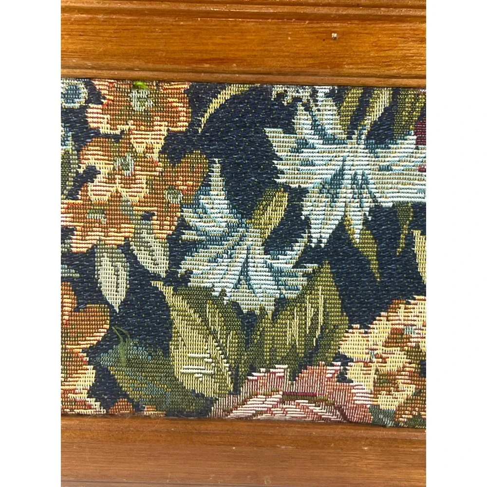 Vintage 1970s Floral Tapestry Jewelry Box Wood Mirrored Vanity Keepsake Box